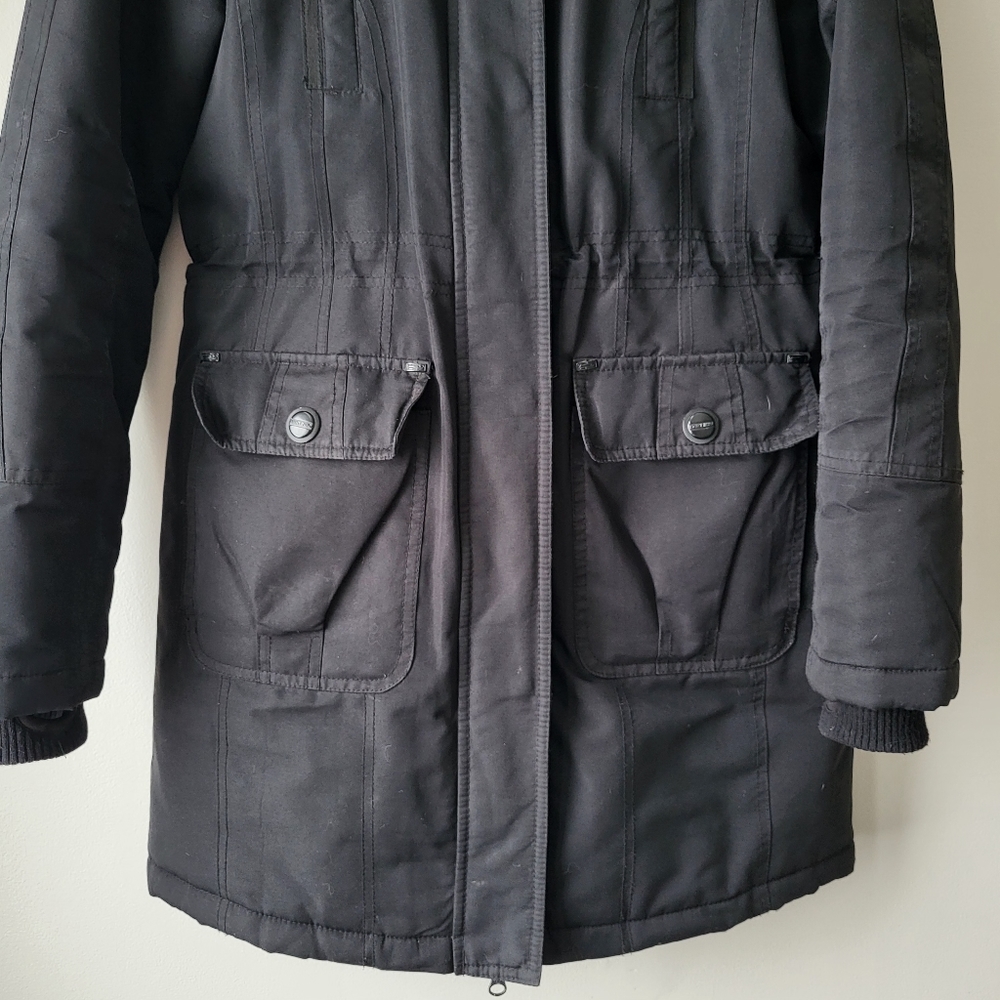 Point Zero black hooded cinched waist mid thigh zip up parka jacket Size S - Picture 4 of 12